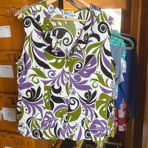 Vintage Kaua’iana Woman Hawaiian Shirt White Purple Green Palm Size 2X